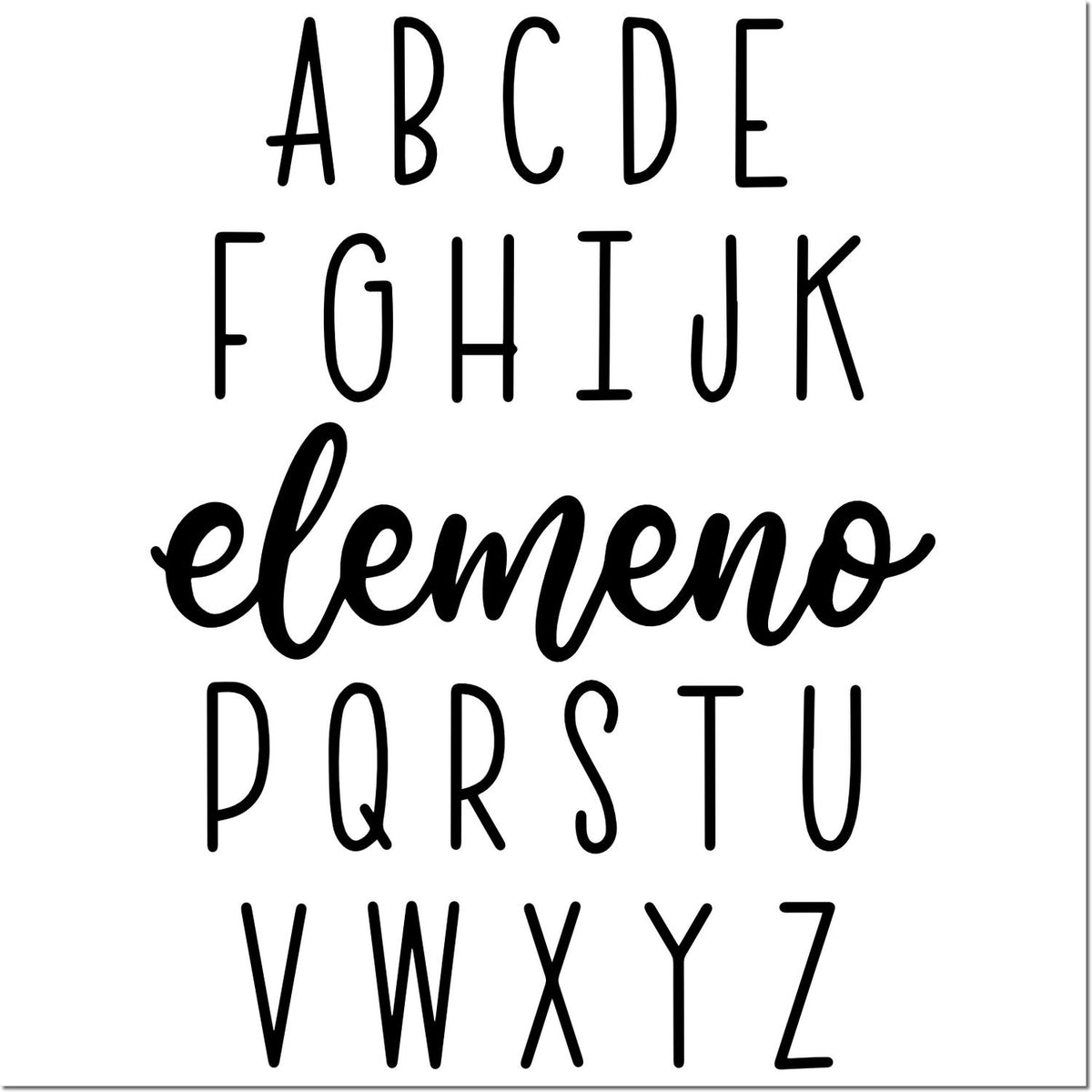 Black alphabet stamp and seal set with uppercase A-Z letters on a white background.