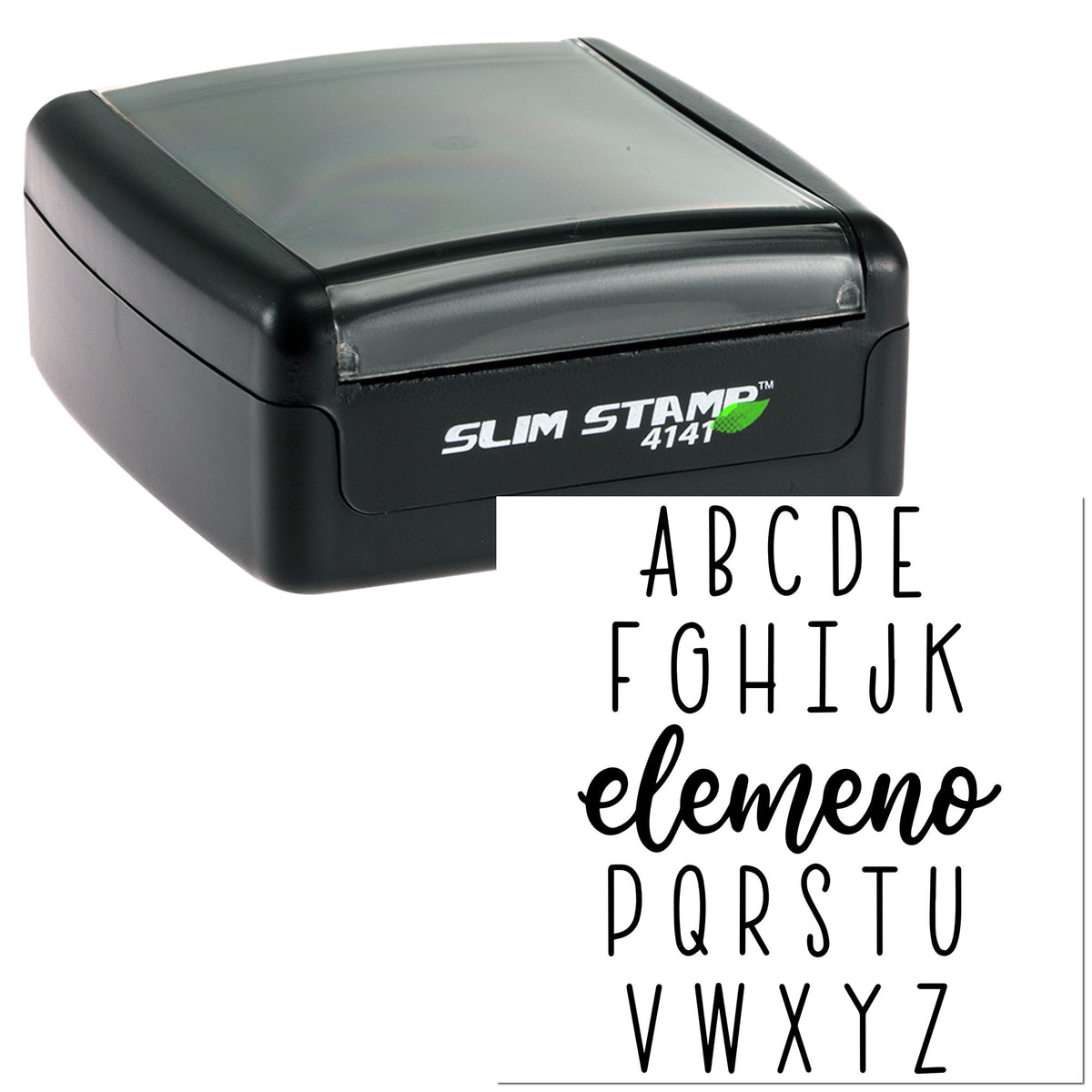 Black self-inking Slim Stamp 4141 with translucent gray top and custom alphabet seal samples in black on white.