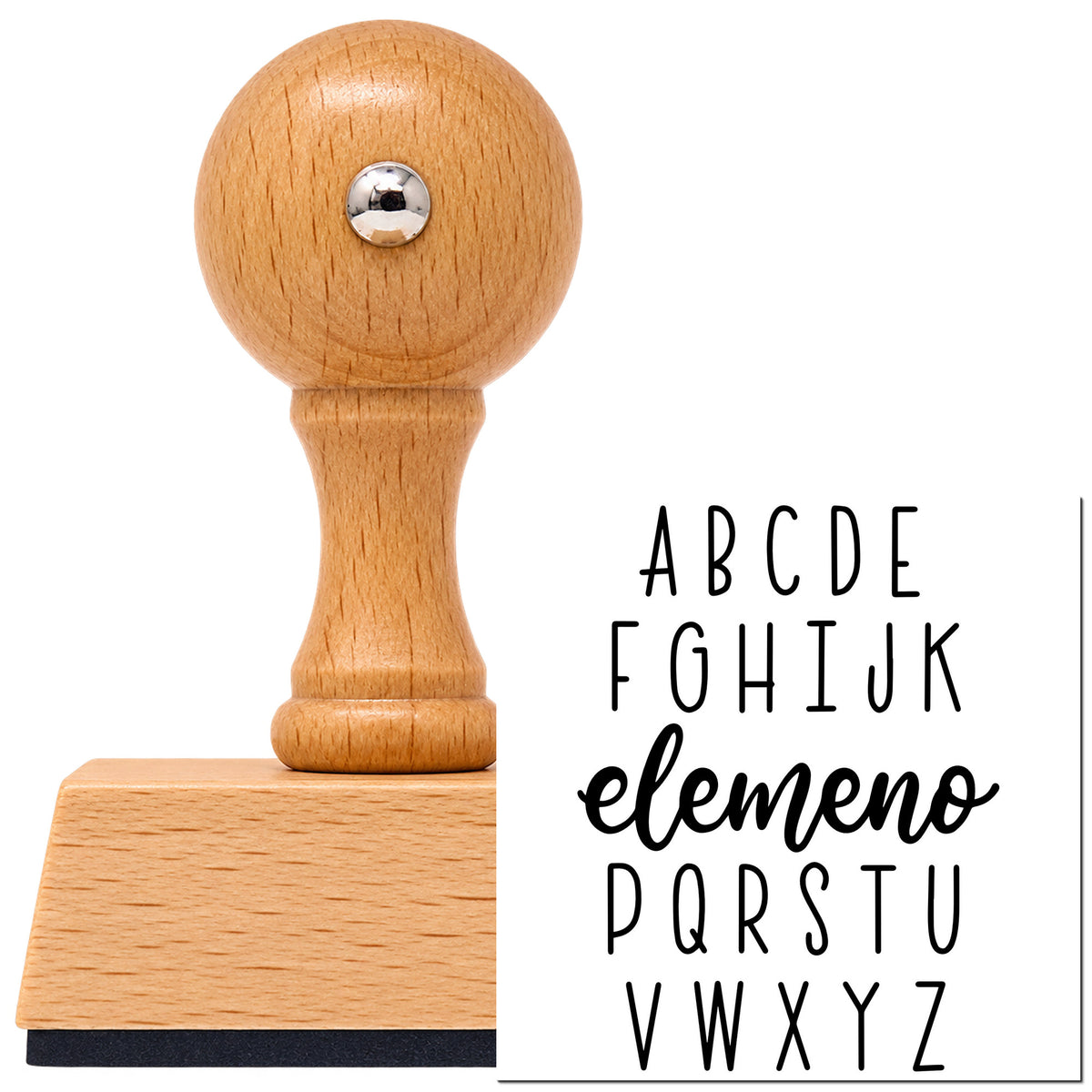 Vintage Pro beech wood stamp with a round knob handle, shown with its black Alphabet Elemeno Script Lettering imprint on white.