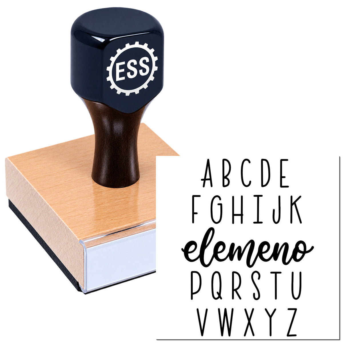 Black ESS rubber stamp on pink seal block with A-Z lettering samples