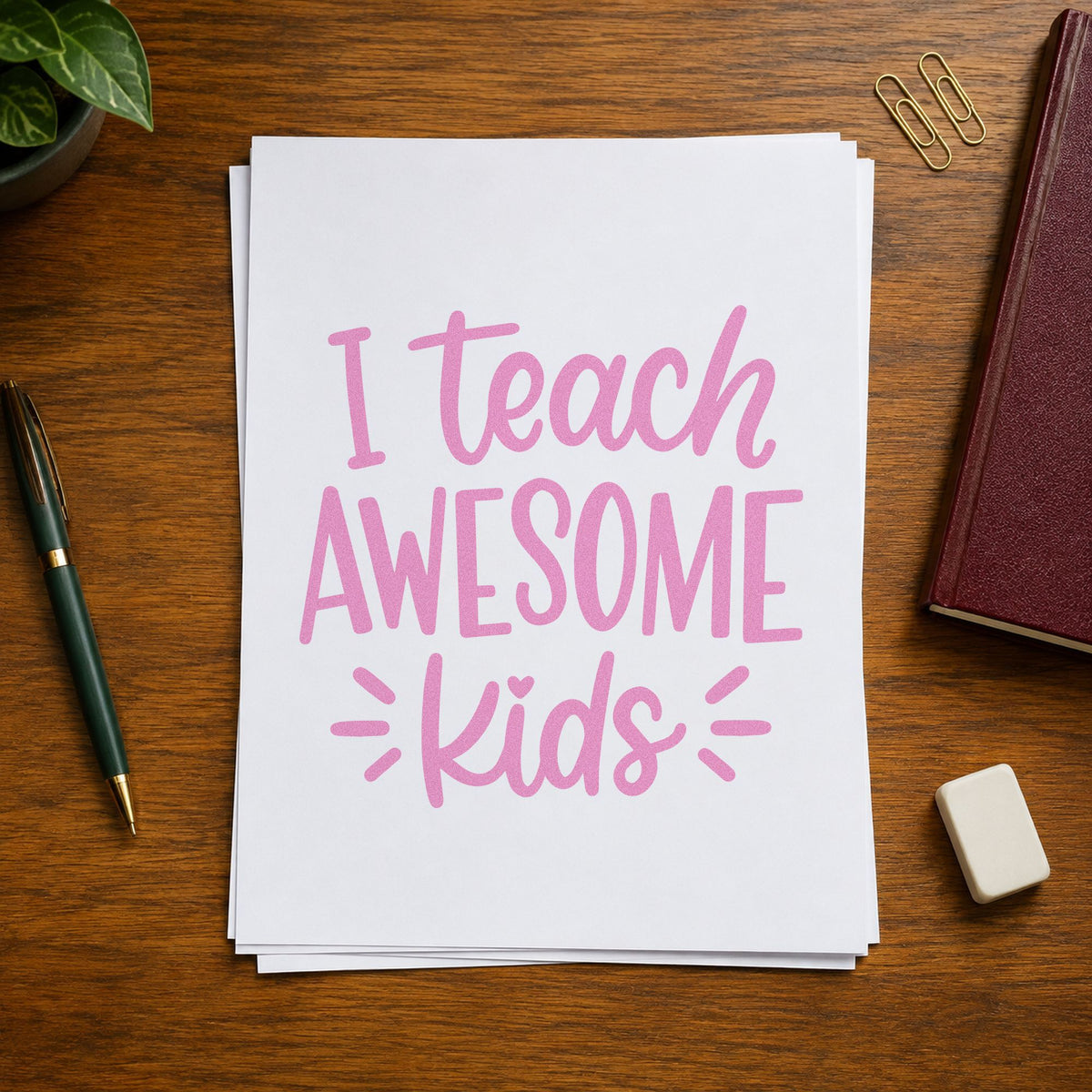 I Teach Awesome Kids craft stamp in purple ink on cardstock, an easy option for aide thank-you tags.