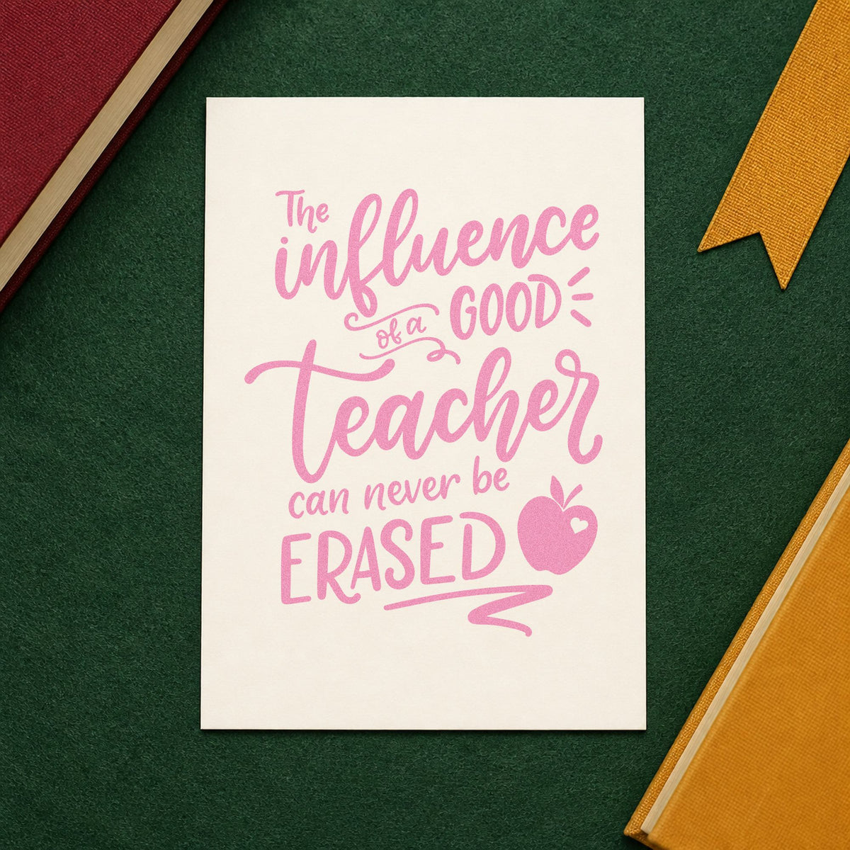 Good Teacher Never Erased craft stamp in purple ink on cardstock, an easy option for moving box tags.