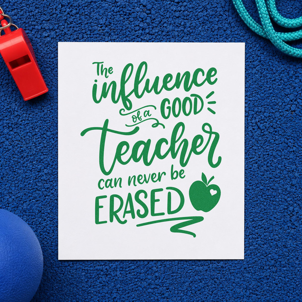 Good Teacher Never Erased craft stamp imprint in green ink on a handmade project, one idea being address change pages.