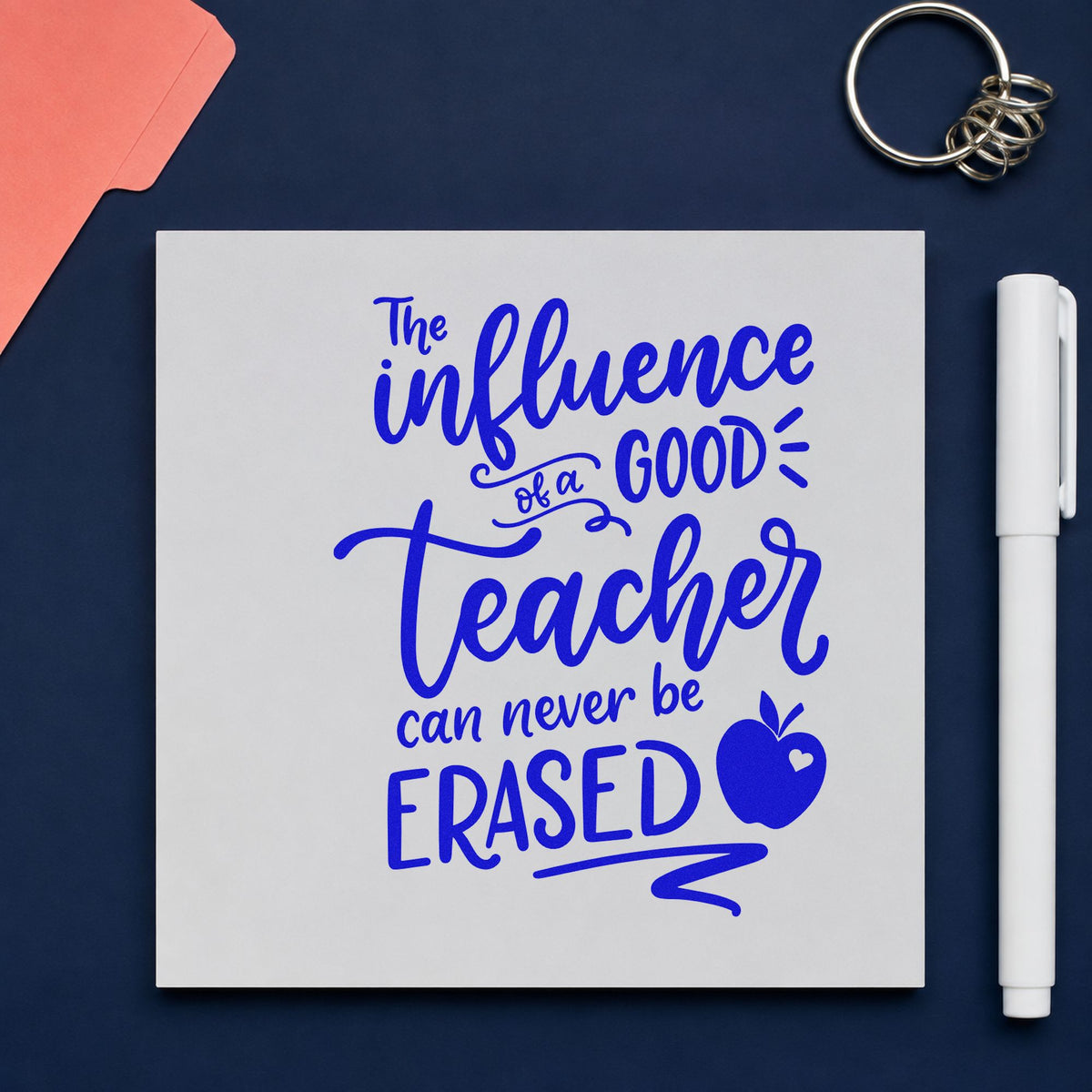 Good Teacher Never Erased craft stamp in blue ink on cardstock, an easy option for luggage tag panels.