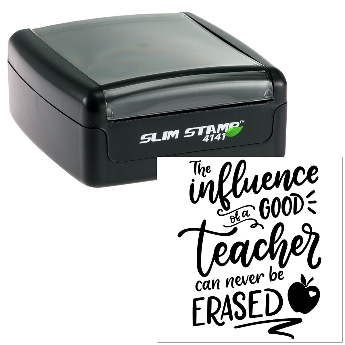Black Slim Stamp 4141 self-inking stamp with teacher quote design and apple seal motif on white background
