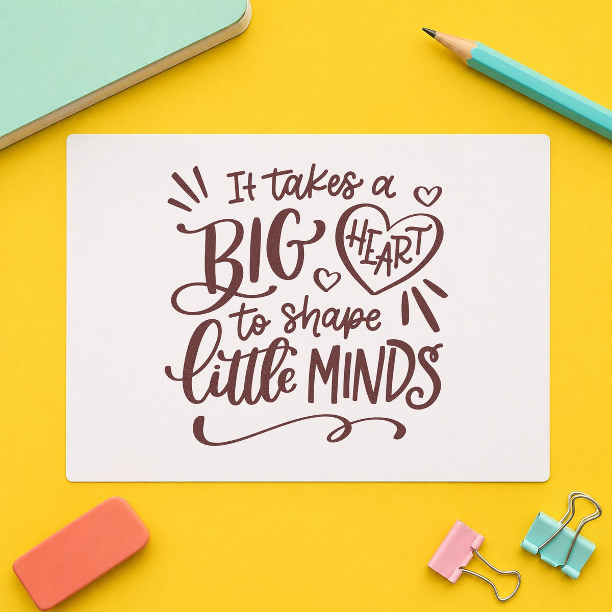 Big Heart Little Minds rubber stamp printed in brown ink, ready for coloring heart crafts and similar paper crafts.