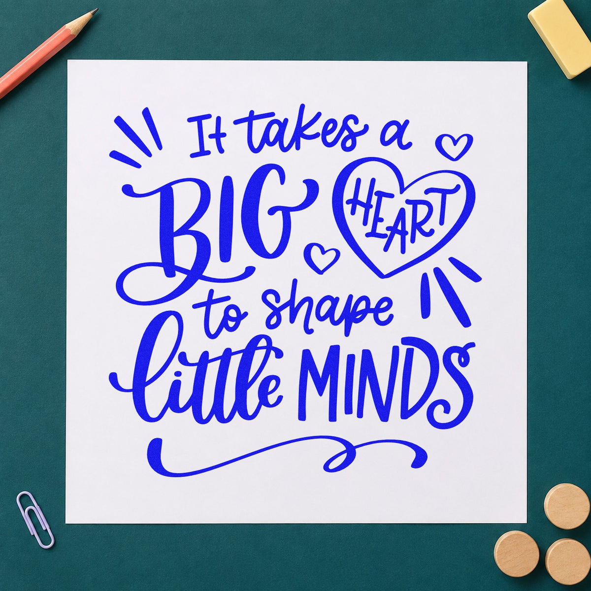 Big Heart Little Minds craft stamp in blue ink on cardstock, an easy option for changing mat panels.