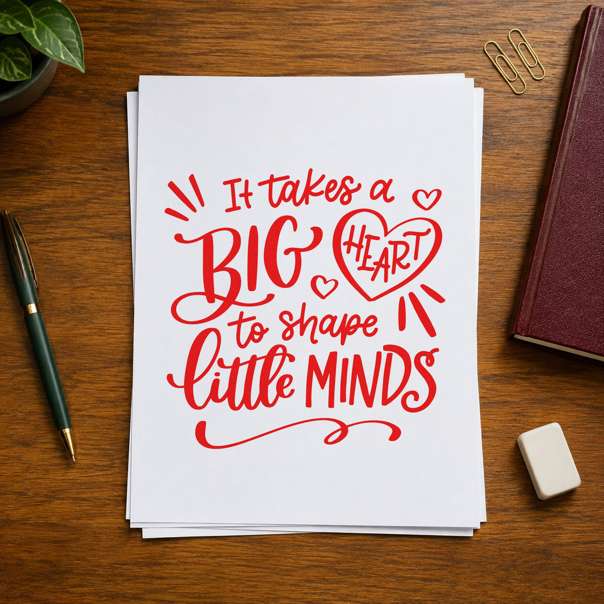 Big Heart Little Minds rubber stamp shown in red ink, stamped for projects such as first words notes.