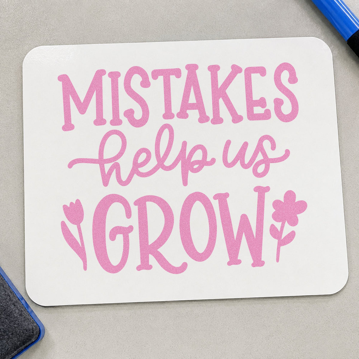 Mistakes Help Us Grow craft stamp in purple ink on cardstock, an easy option for retake slip tags.