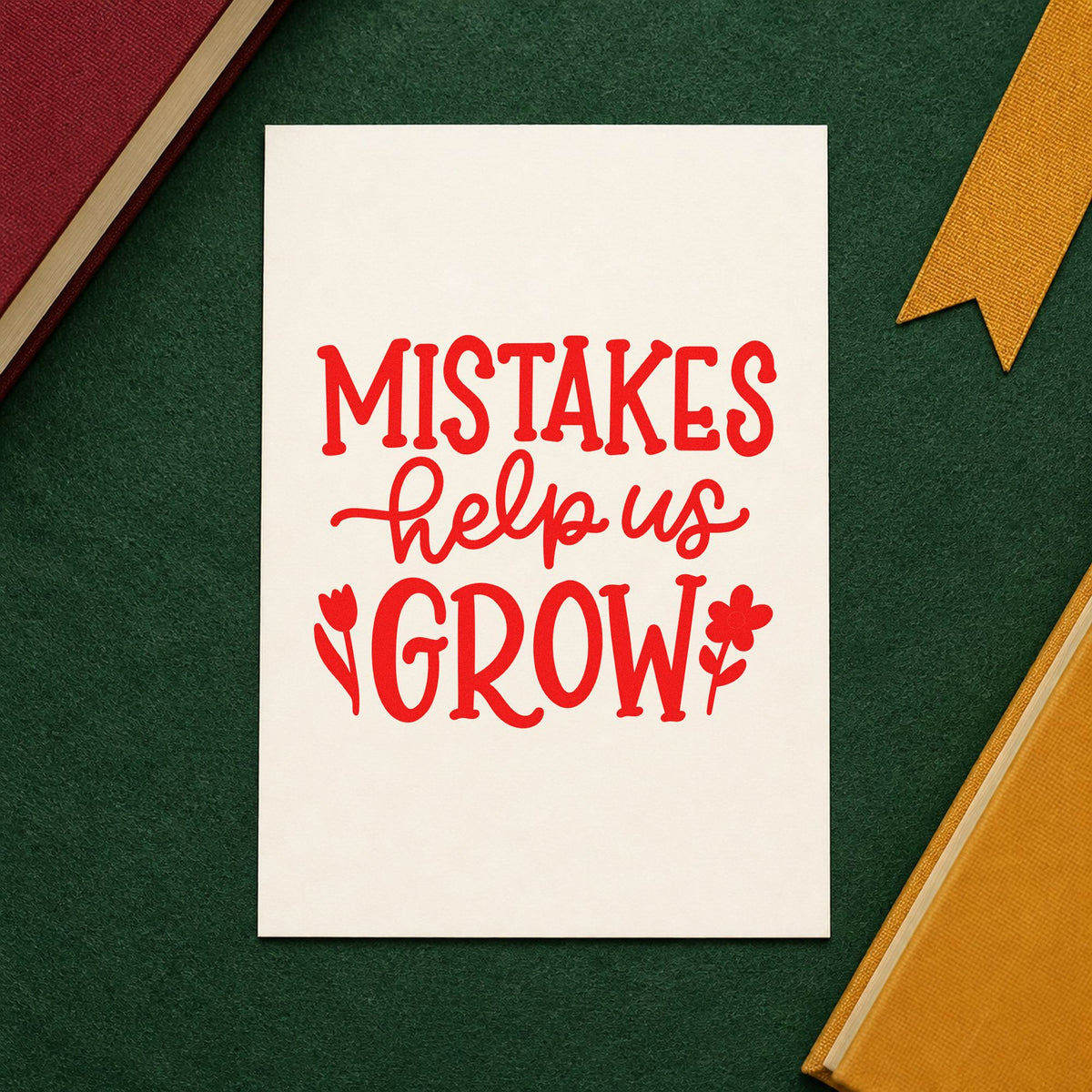 Mistakes Help Us Grow rubber stamp shown in red ink, stamped for projects such as report card notes.