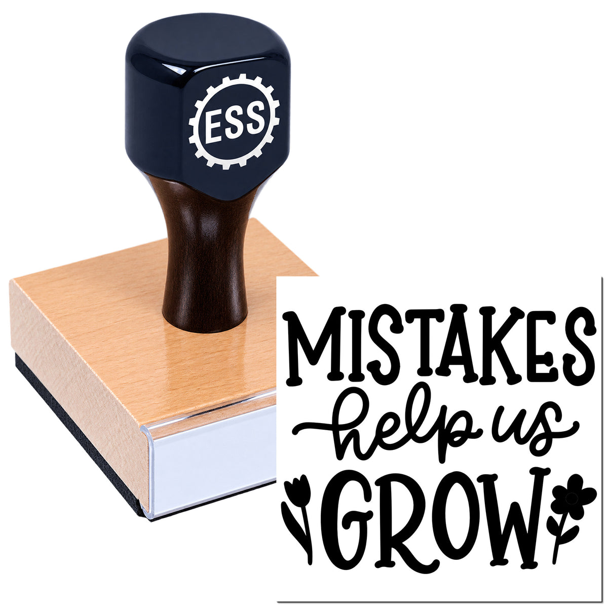 Black ESS rubber stamp on a pink seal block with "Mistakes help us grow" in bold black lettering.