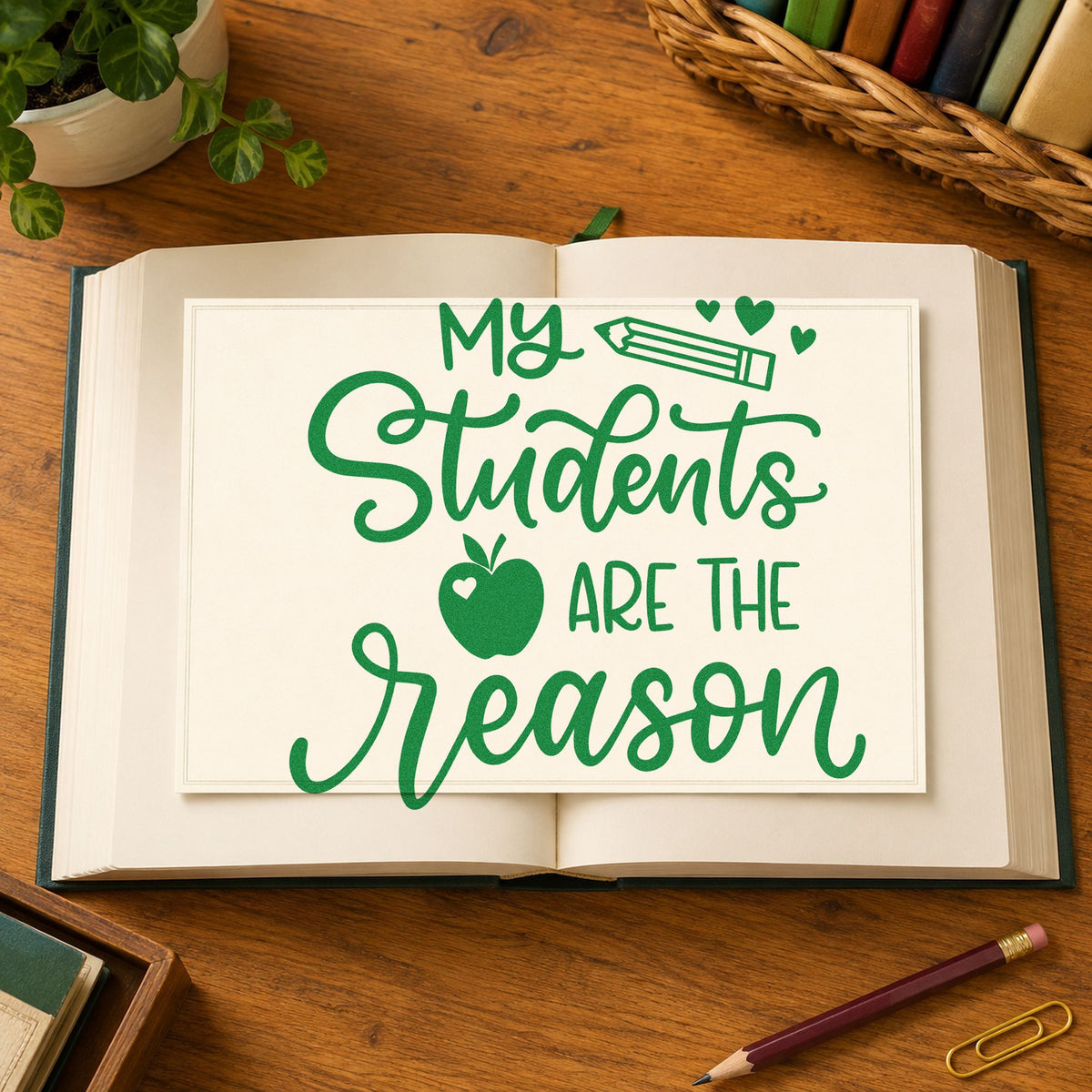 My Students Are the Reason craft stamp imprint in green ink on a handmade project, one idea being framed desk facing.