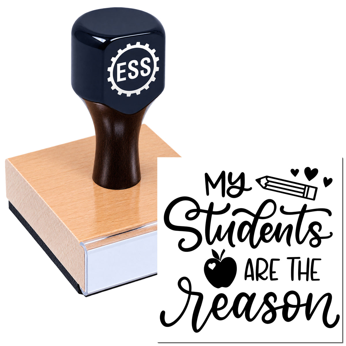 Dark navy ESS rubber stamp on wooden block beside black teacher seal design with pencil, hearts and apple.