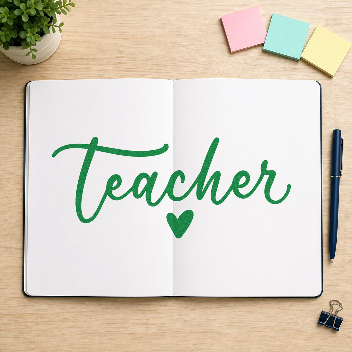 Teacher Script Heart craft stamp imprint in green ink on a handmade project, one idea being blank note pages.