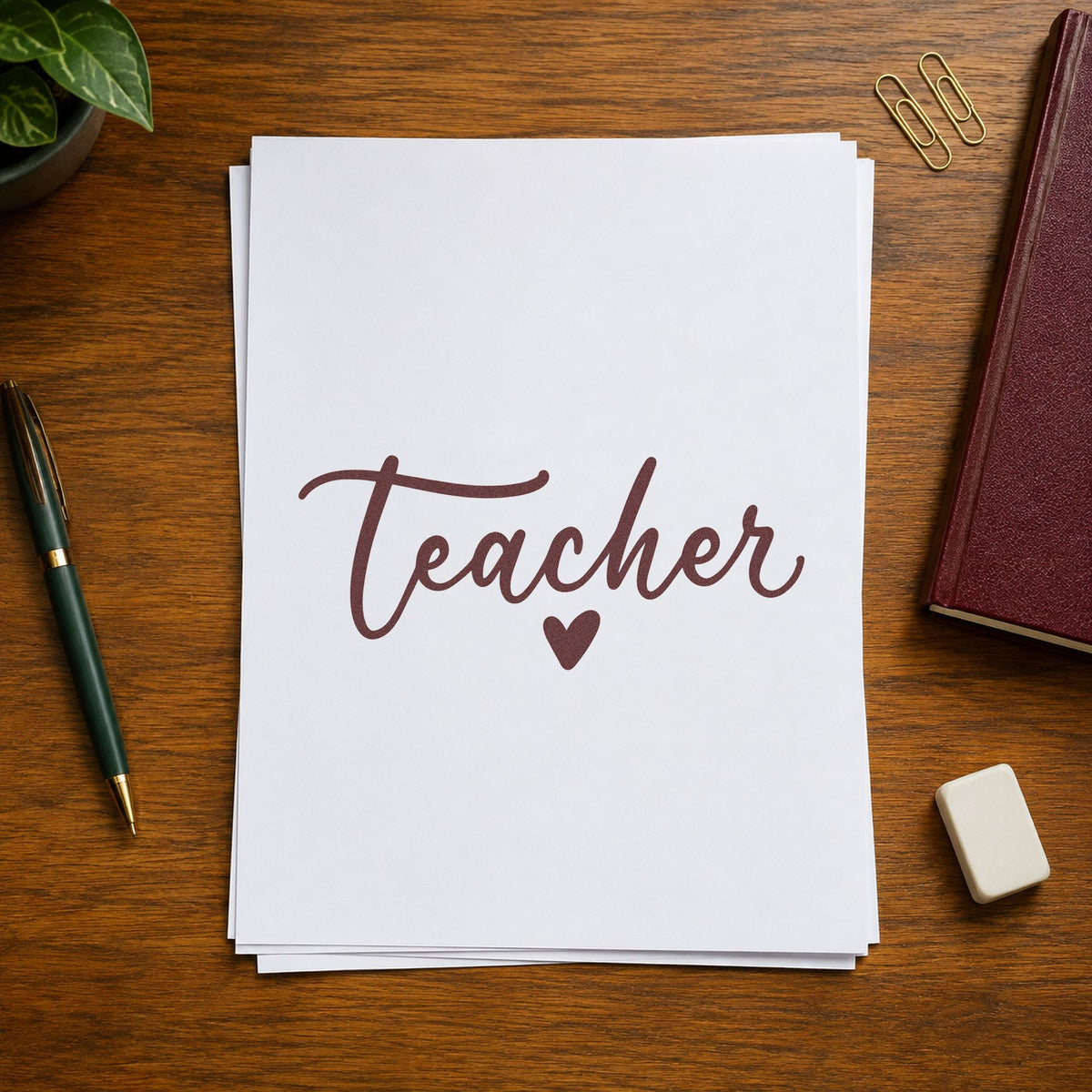 Teacher Script Heart rubber stamp printed in brown ink, ready for envelope flap crafts and similar paper crafts.
