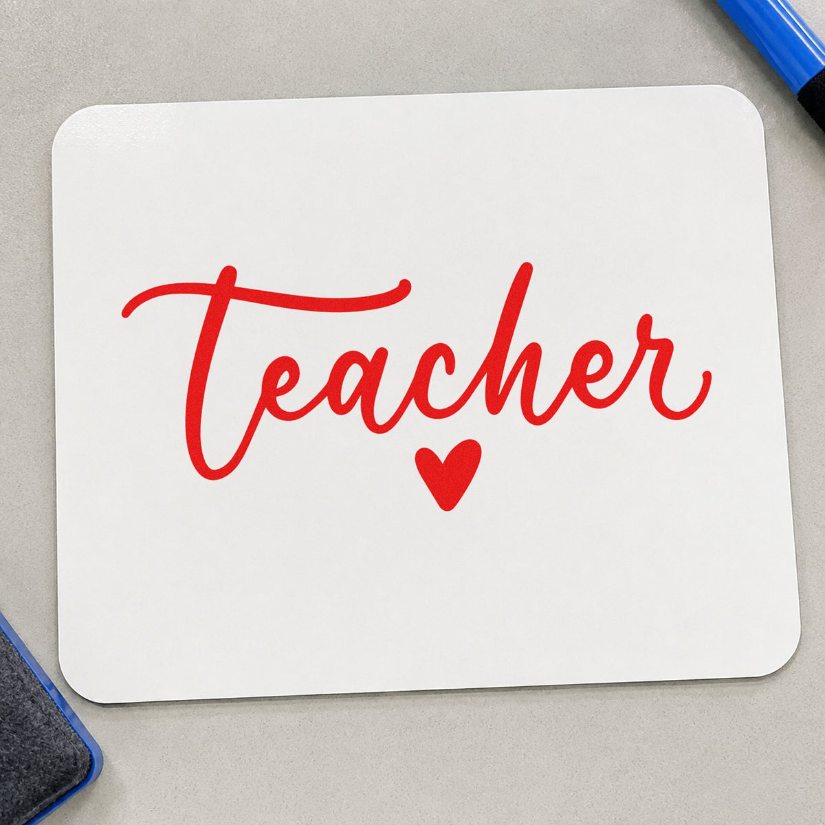 Teacher Script Heart rubber stamp shown in red ink, stamped for projects such as volume order notes.