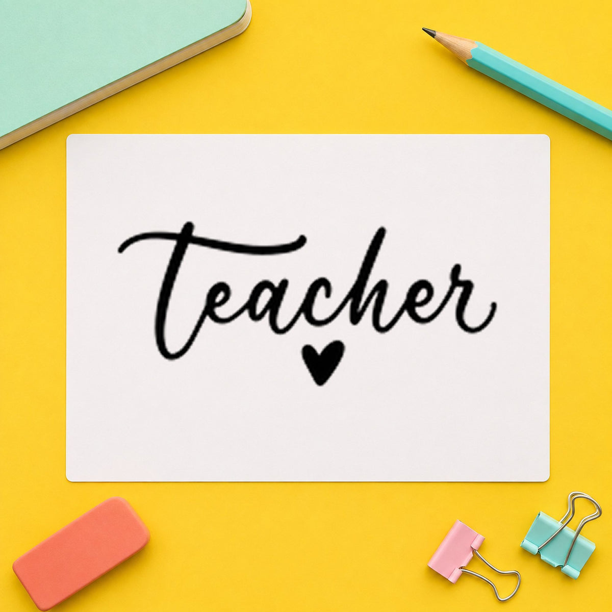 Teacher Script Heart rubber stamp printed in black ink, ready for simple script cards and similar paper crafts.