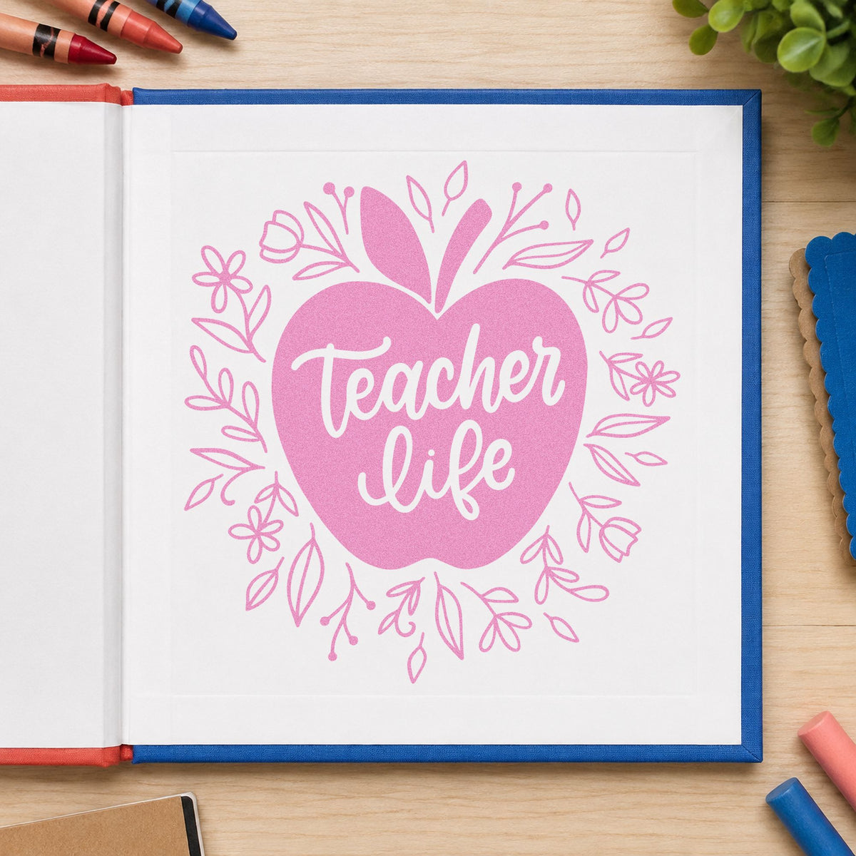 Teacher Life Floral Apple craft stamp in purple ink on cardstock, an easy option for door hanger tags.