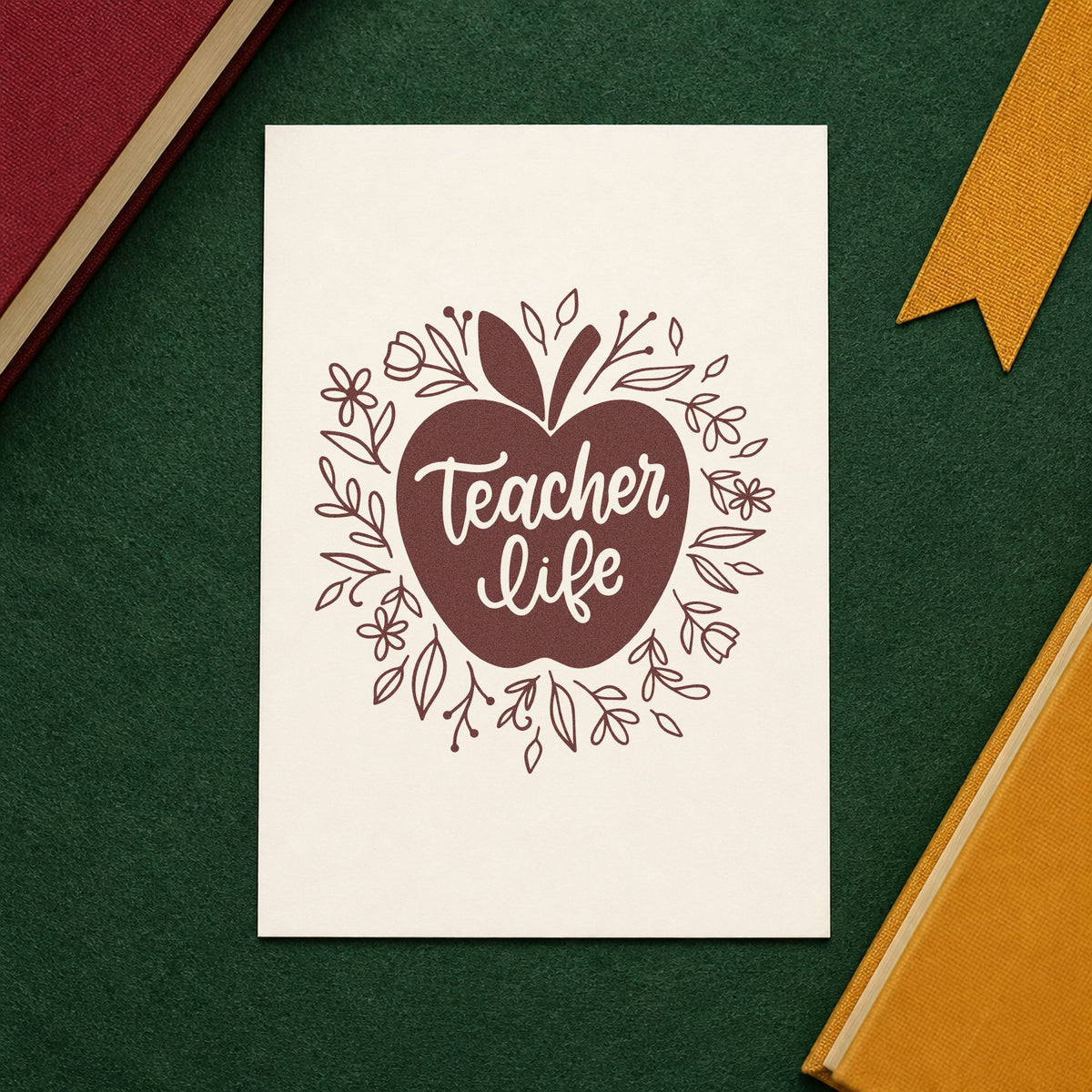 Teacher Life Floral Apple rubber stamp printed in brown ink, ready for paper leaf crafts and similar paper crafts.