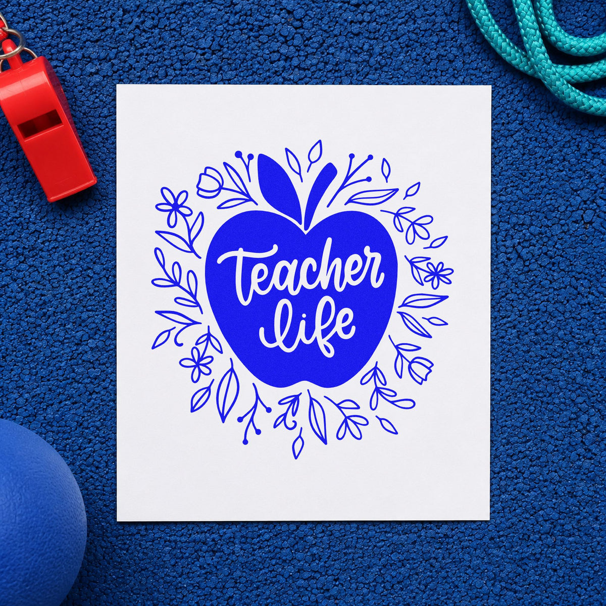 Teacher Life Floral Apple craft stamp in blue ink on cardstock, an easy option for table runner panels.