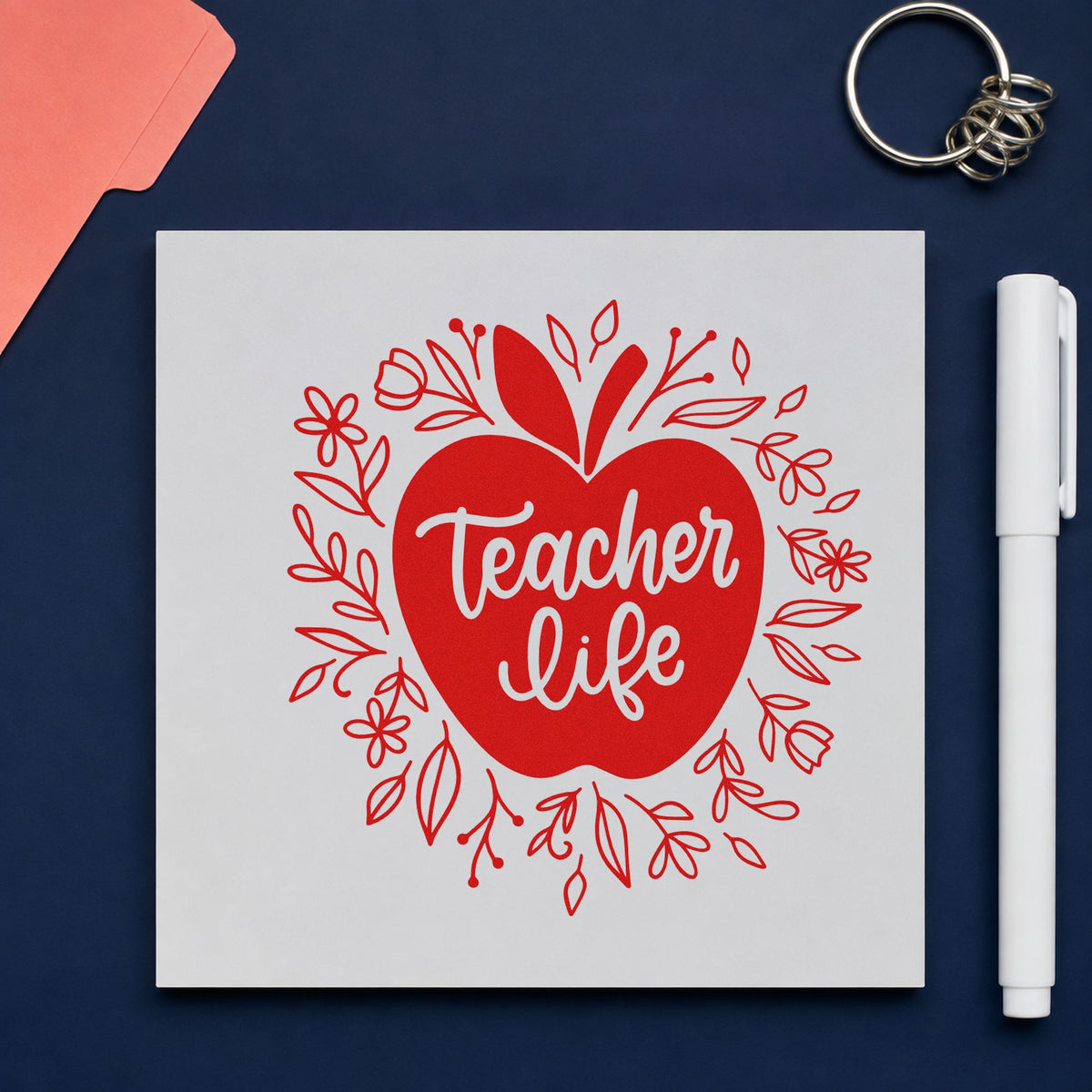 Teacher Life Floral Apple rubber stamp shown in red ink, stamped for projects such as harvest party notes.