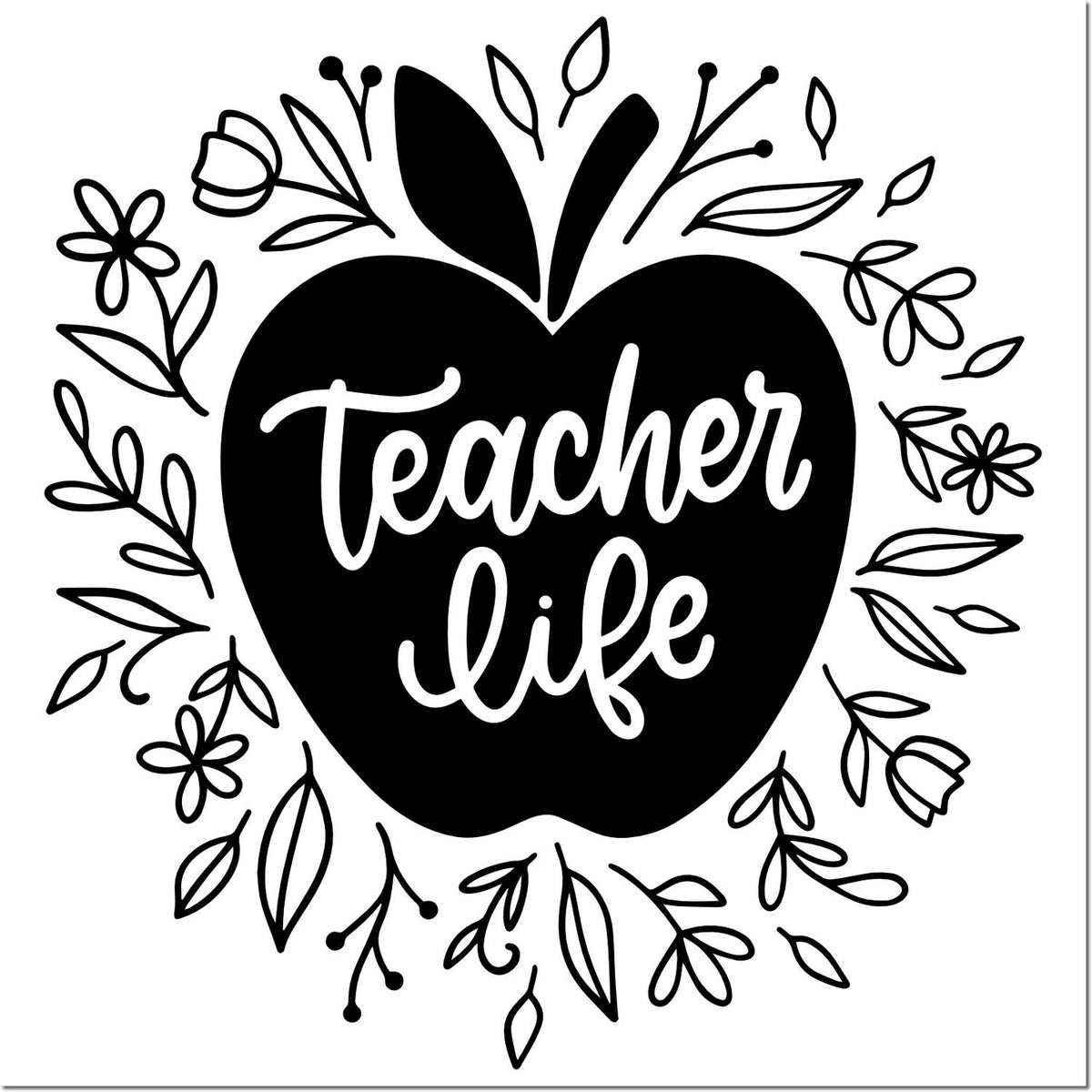 Black apple-shaped teacher life stamp seal with white script, surrounded by floral leaf line art on white background.