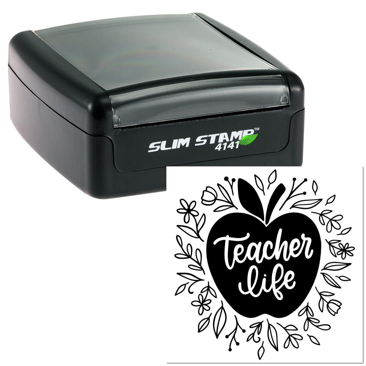 Black self-inking Slim Stamp seal with teacher life apple design and floral accents on white background.