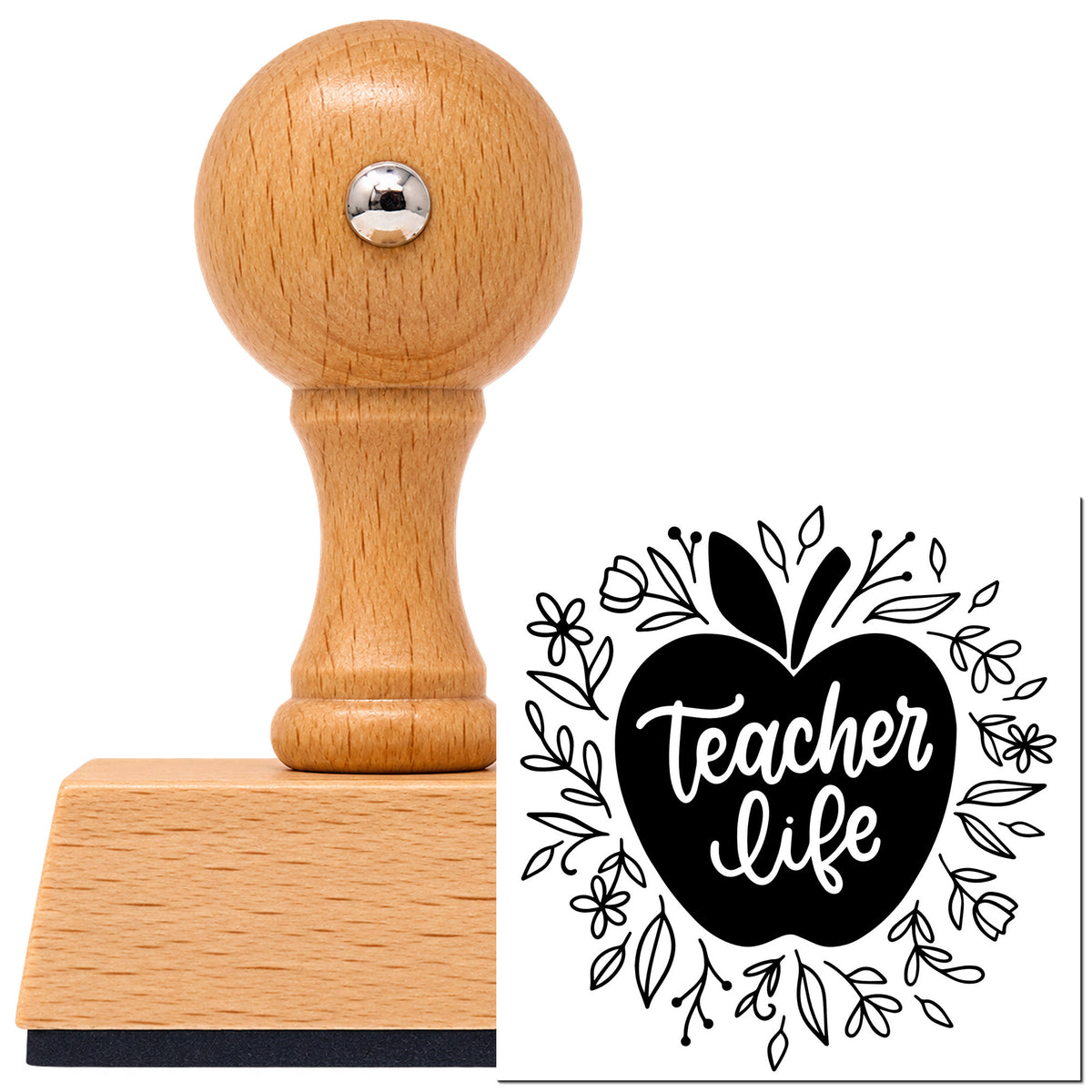 Vintage Pro beech wood stamp with a round knob handle, shown with its black Teacher Life Floral Apple imprint on white.