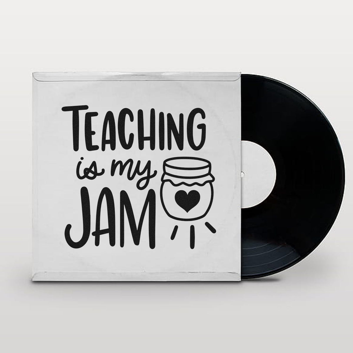 White stamp and seal packaging with black vinyl record sleeve, reading Teaching is my JAM and a heart jam jar icon.