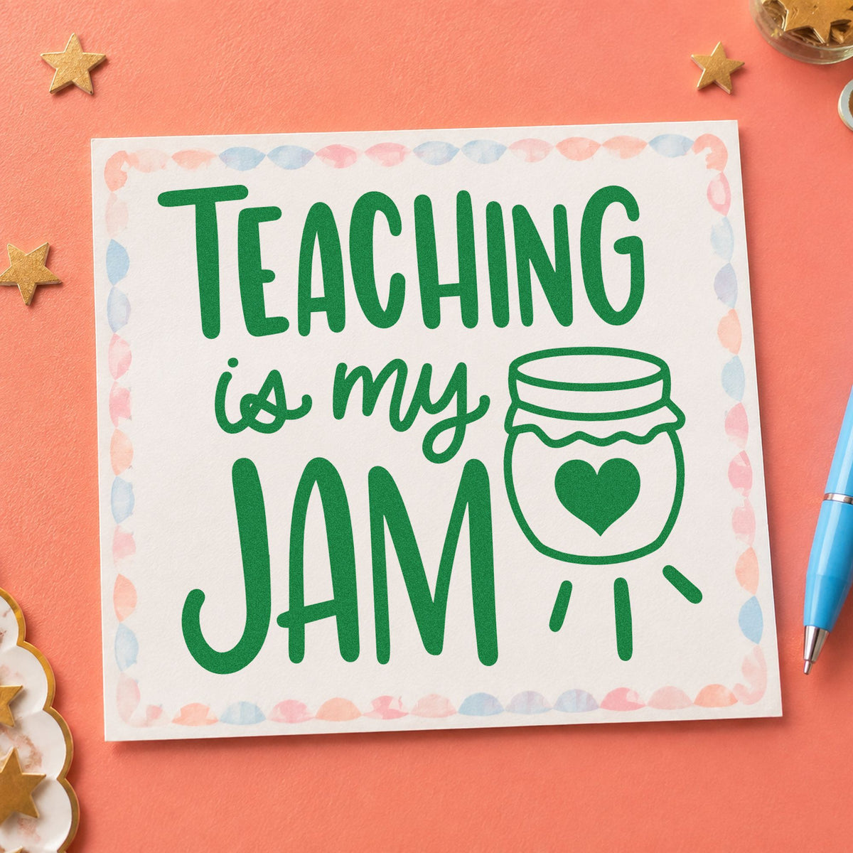 Teaching Is My Jam craft stamp imprint in green ink on a handmade project, one idea being recipe swap pages.