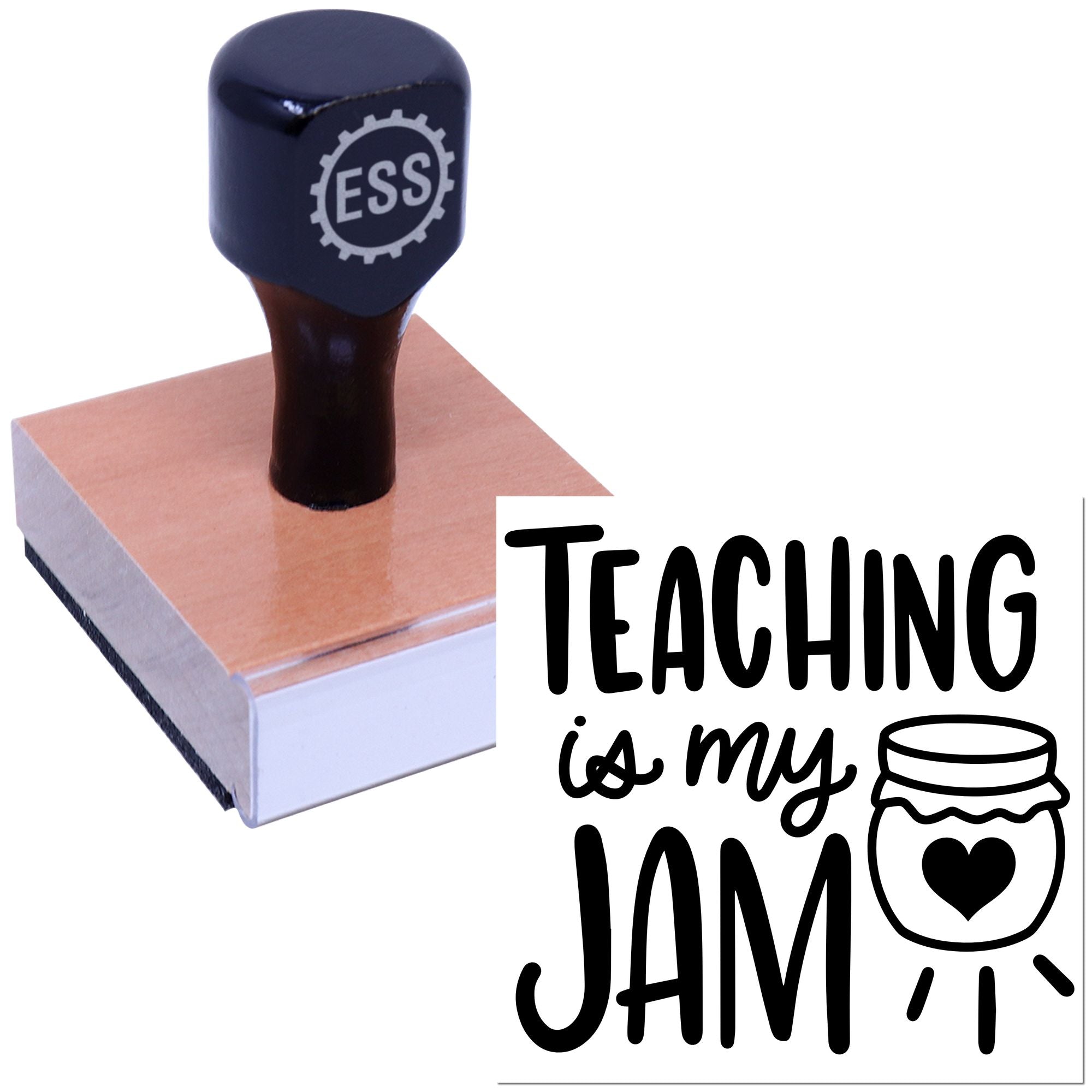 Black ESS rubber stamp on a pink seal block beside Teaching is my jam text and jam jar icon.