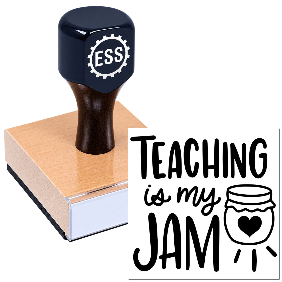 Black ESS rubber stamp on a pink seal block beside "Teaching is my jam" text and jam jar icon.