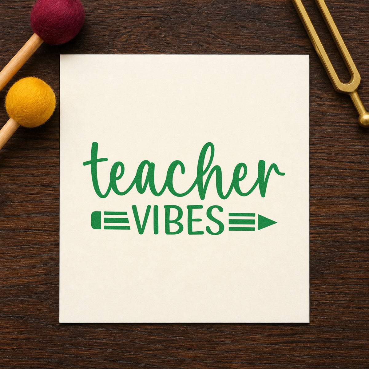 Teacher Vibes Pencil craft stamp imprint in green ink on a handmade project, one idea being menu board pages.