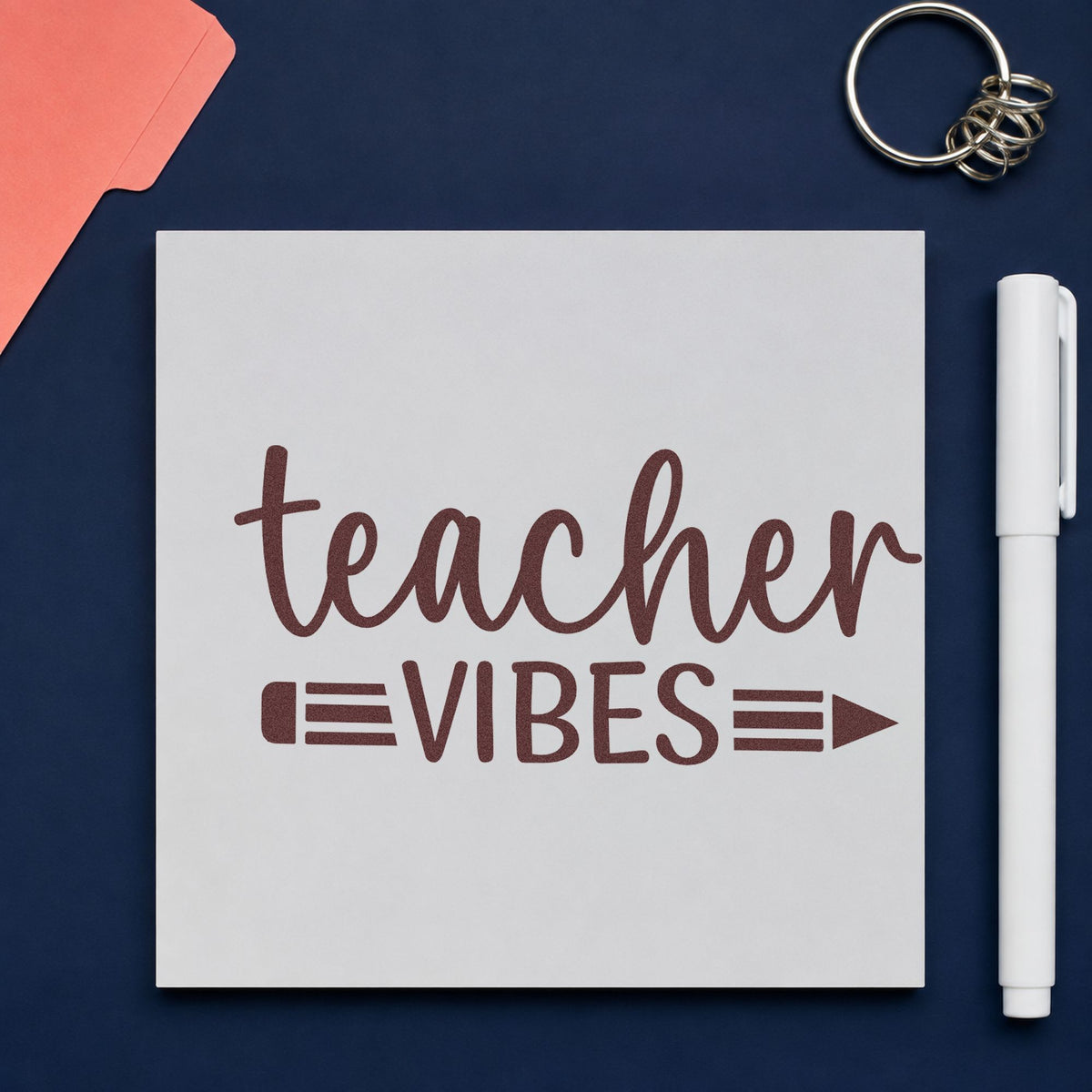 Teacher Vibes Pencil rubber stamp printed in brown ink, ready for chalk marker crafts and similar paper crafts.