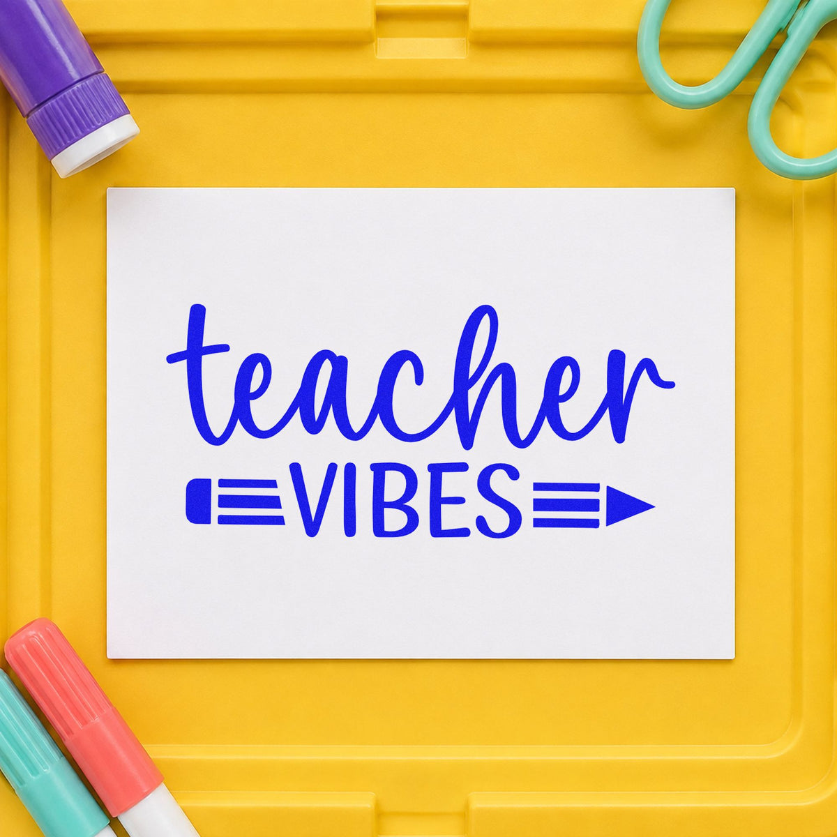 Teacher Vibes Pencil craft stamp in blue ink on cardstock, an easy option for blackout tote panels.