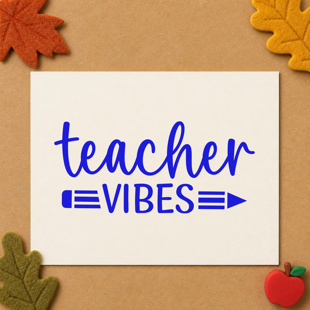 Teacher Vibes Pencil craft stamp imprinted in blue ink on paper, a design suited to jar chalk labels.