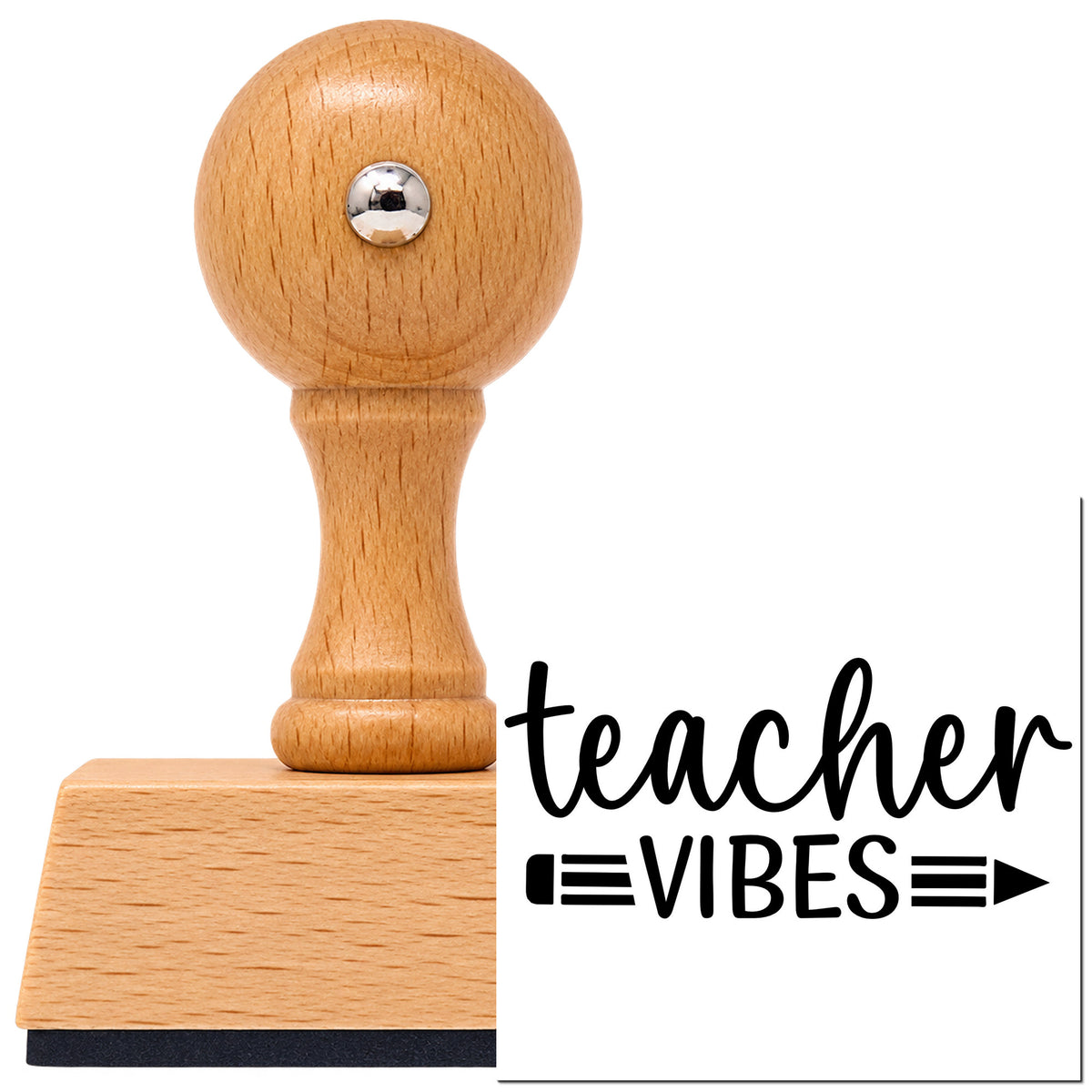 Vintage Pro beech wood stamp with a round knob handle, shown with its black Teacher Vibes Pencil Script Lettering imprint on white.