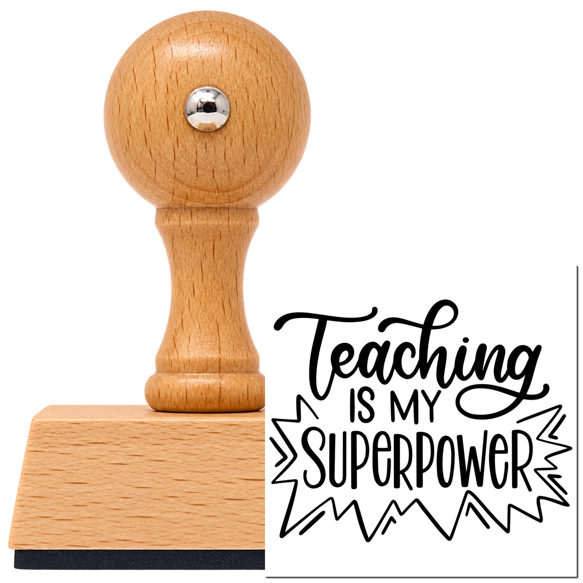 Vintage Pro beech wood stamp with a round knob handle, shown with its black Teaching Superpower Lettering imprint on white.