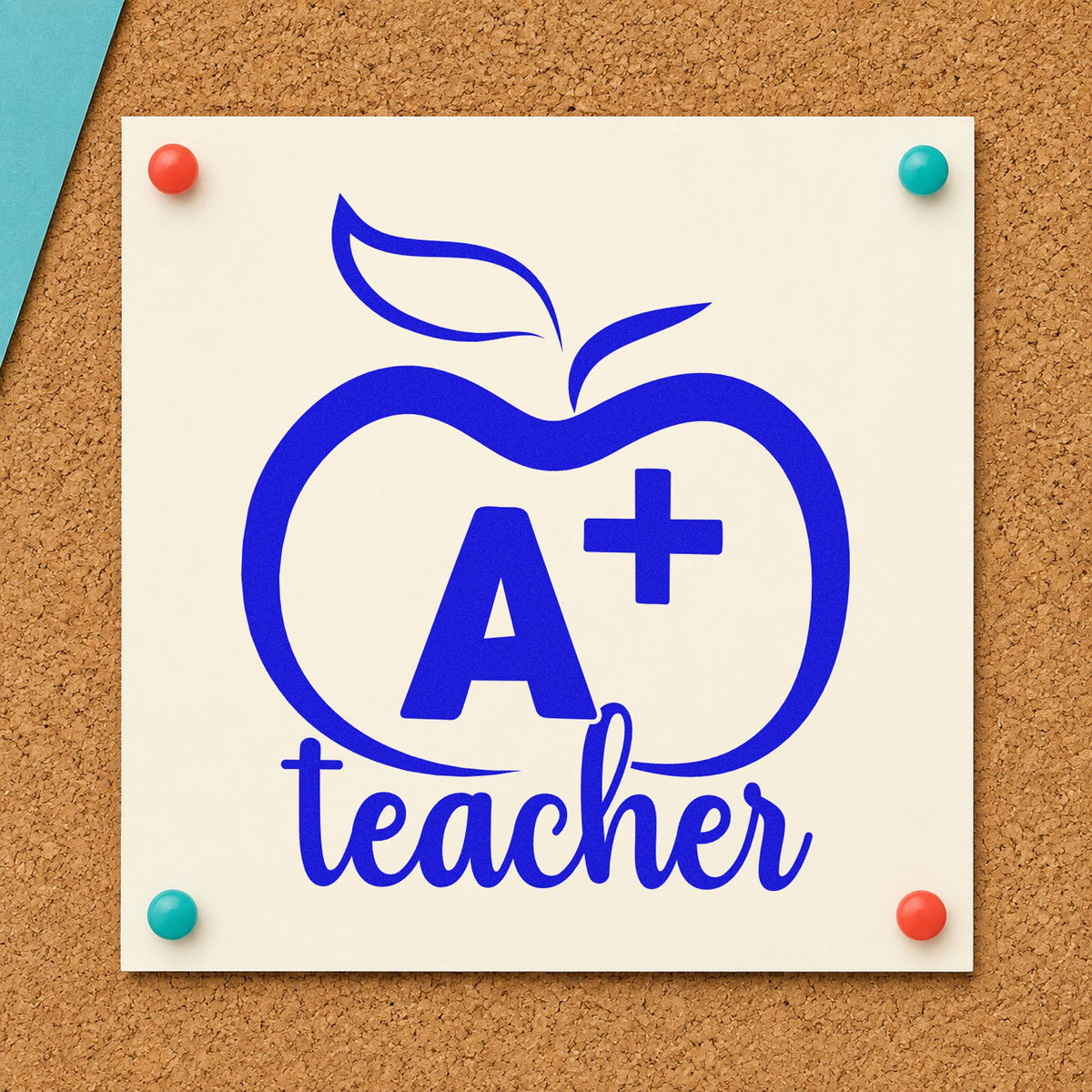 A Plus Teacher Outline Apple craft stamp in blue ink on cardstock, an easy option for medal ribbon panels.