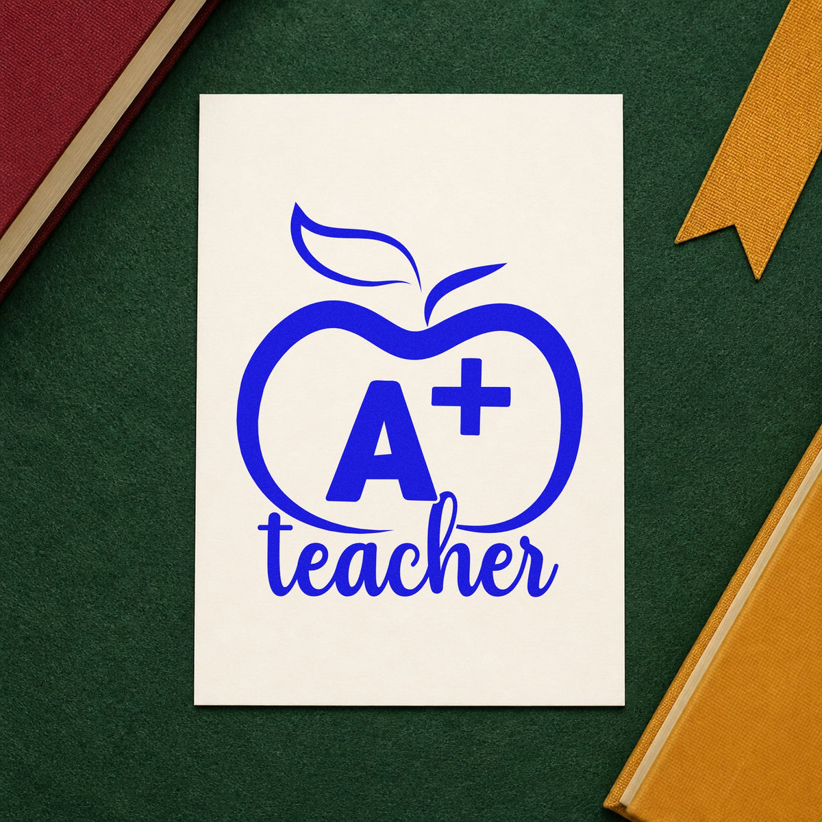 A Plus Teacher Outline Apple craft stamp imprinted in blue ink on paper, a design suited to display case labels.