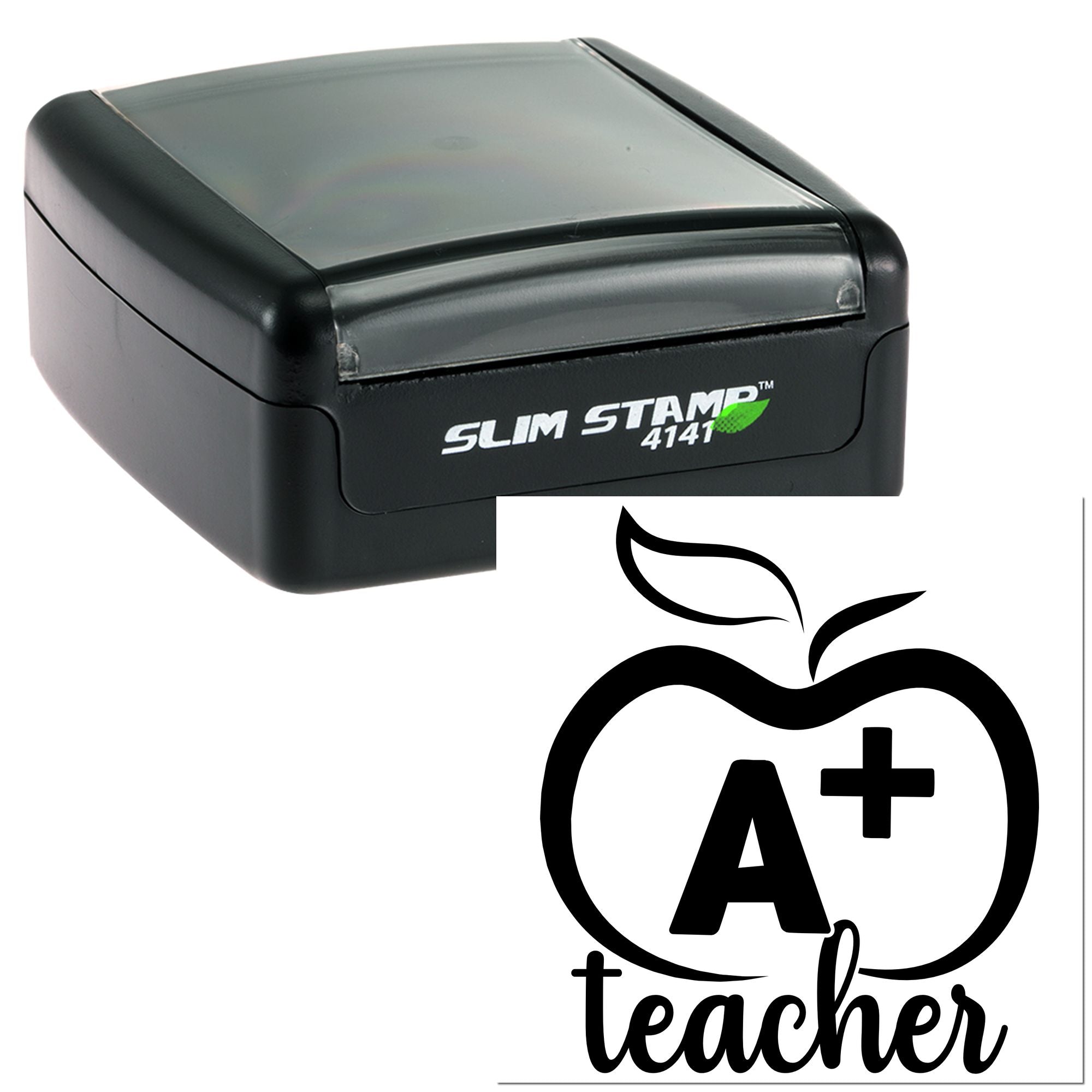 Black self-inking Slim Stamp 4141 and A+ teacher seal with apple outline on white background.