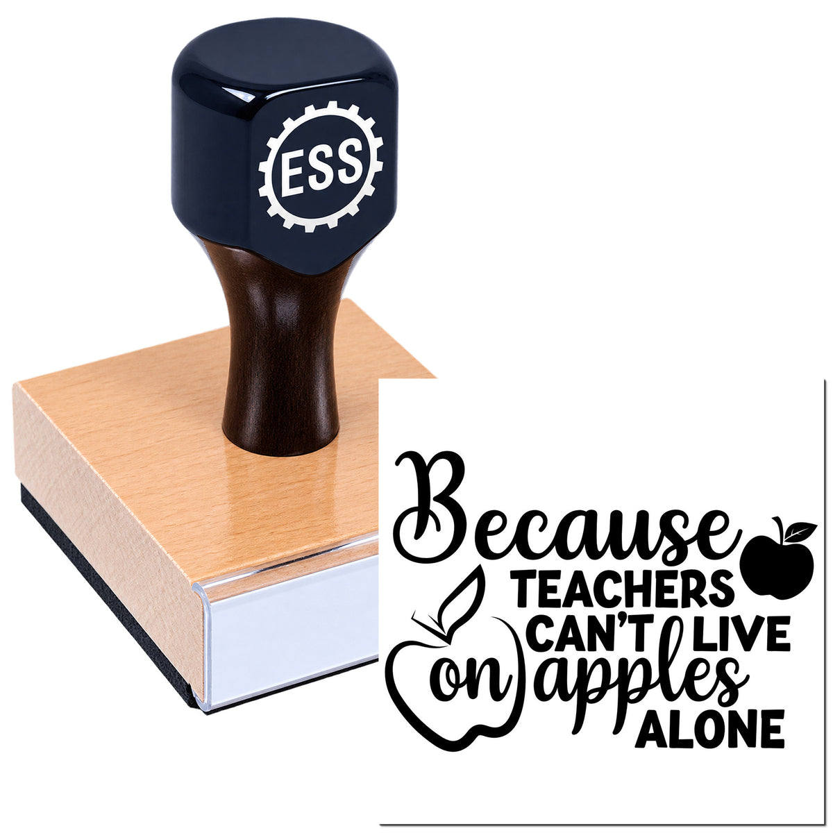 Black ESS self-inking stamp on a wooden base with teacher quote seal, black lettering, apple icon, on white background.