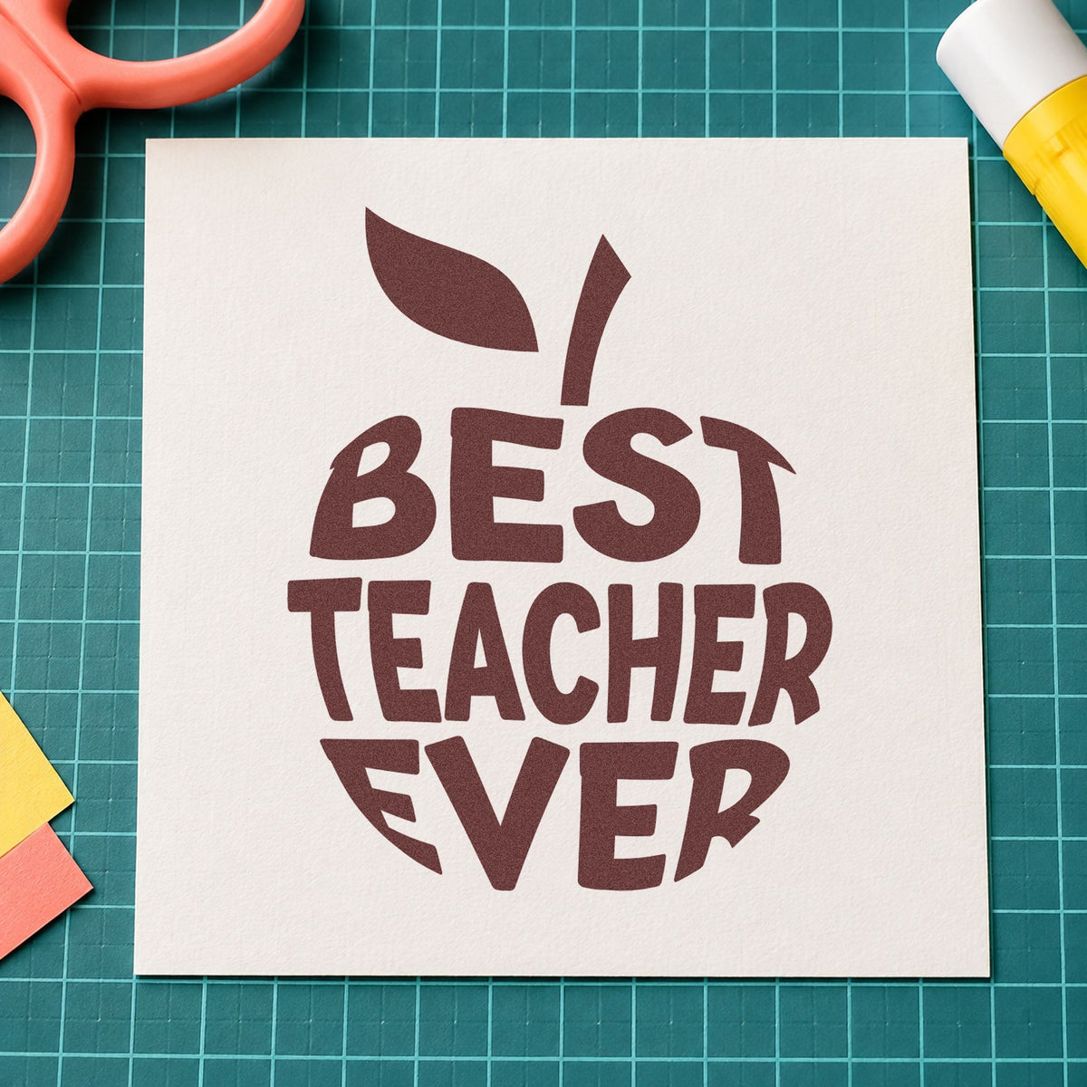Best Teacher Ever Apple rubber stamp printed in brown ink, ready for cookie topper crafts and similar paper crafts.