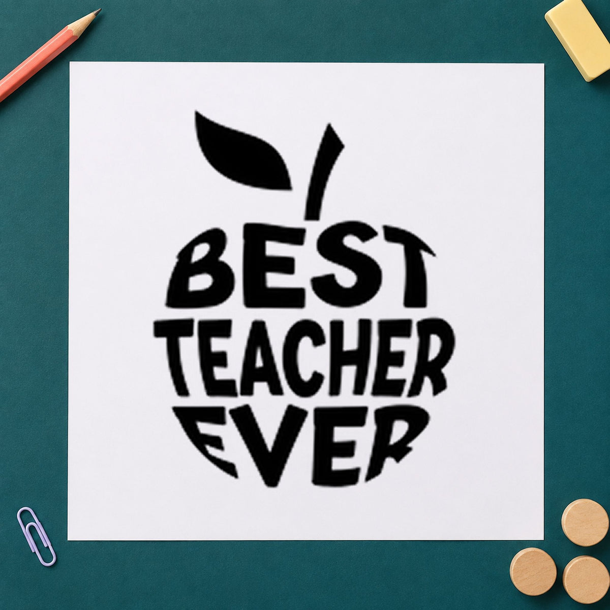 Best Teacher Ever Apple rubber stamp printed in black ink, ready for apple shape cards and similar paper crafts.