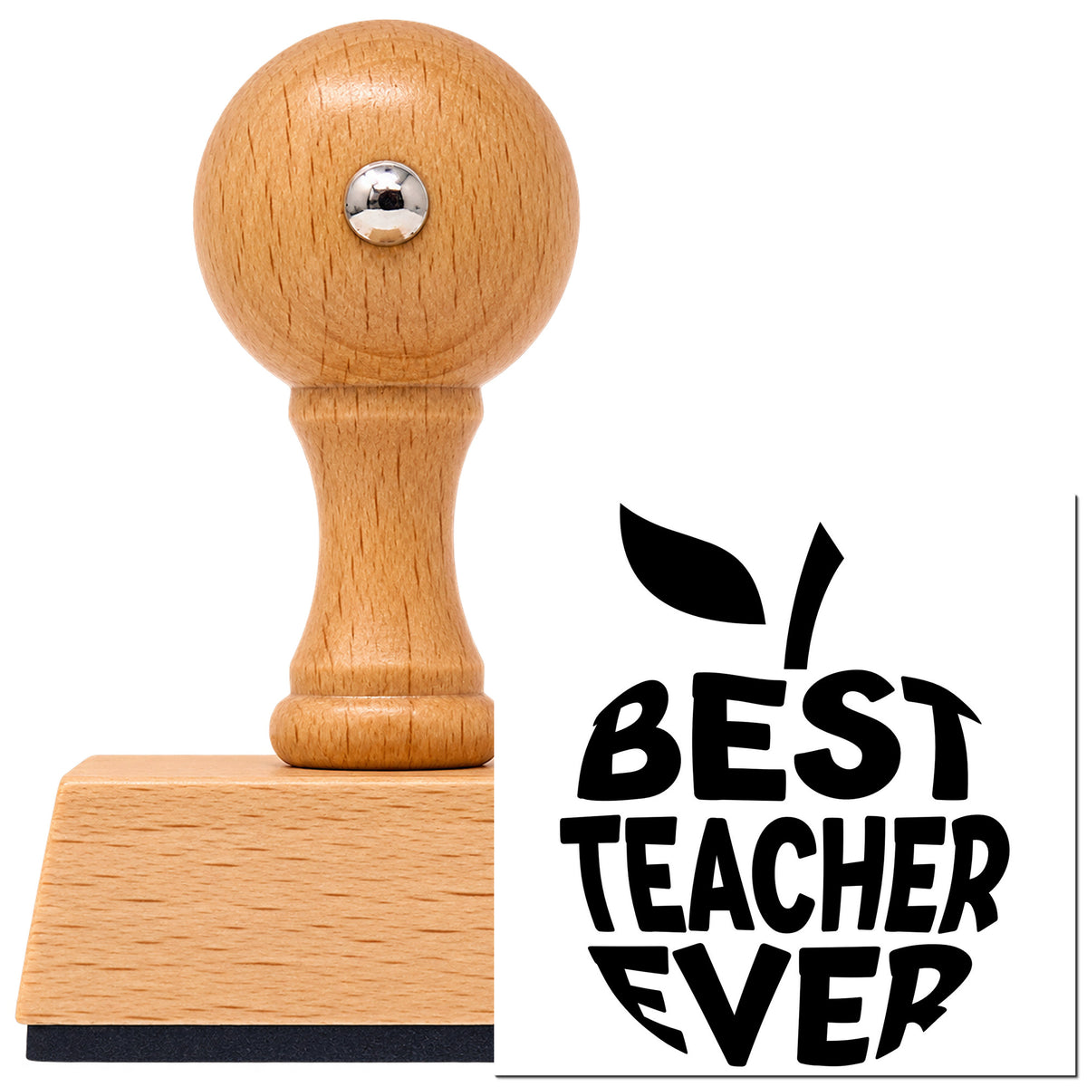 Vintage Pro beech wood stamp with a round knob handle, shown with its black Best Teacher Ever Apple Lettering imprint on white.