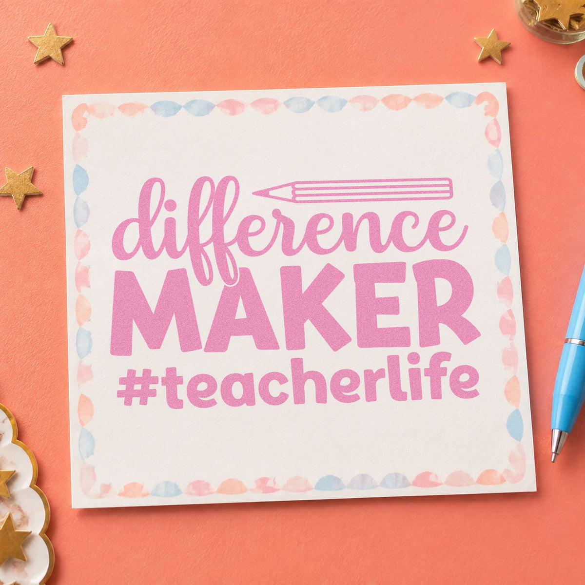 Difference Maker Teacher Life craft stamp in purple ink on cardstock, an easy option for shoutout board tags.