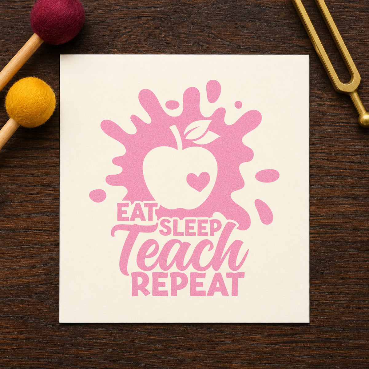 Eat Sleep Teach Repeat Splash craft stamp in purple ink on cardstock, an easy option for countdown jar tags.