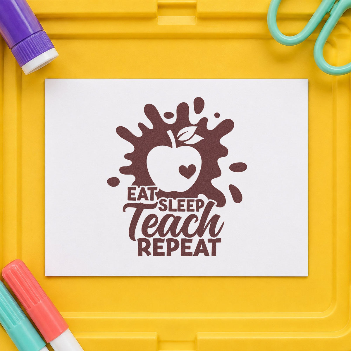 Eat Sleep Teach Repeat Splash rubber stamp printed in brown ink, ready for splatter art crafts and similar paper crafts.