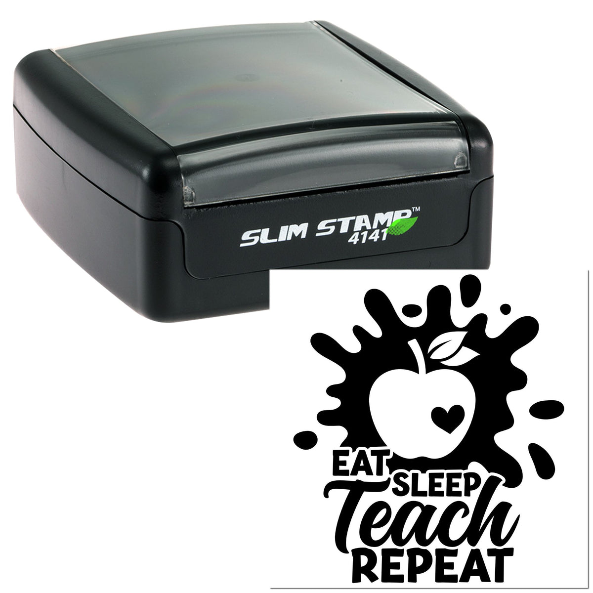 Black Slim Stamp 4141 self-inking stamp with Eat Sleep Teach Repeat apple design and heart icon.