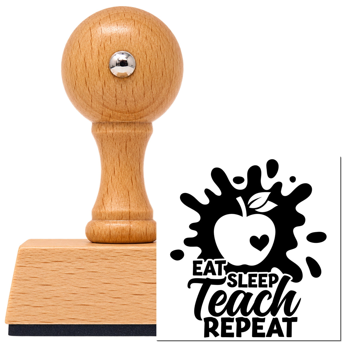 Vintage Pro beech wood stamp with a round knob handle, shown with its black Eat Sleep Teach Repeat Splash Apple imprint on white.